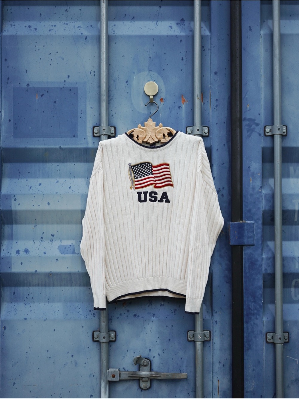 Vintage Embroidered USA Flag Cream Cable-Knit Sweater